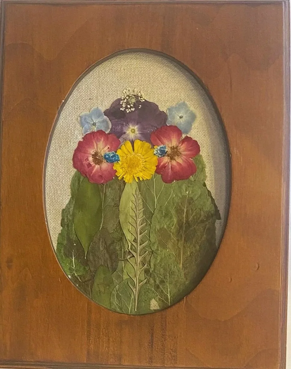 Pressed and dried flowers arranged in a collage behind a glass pane in a wooden frame.