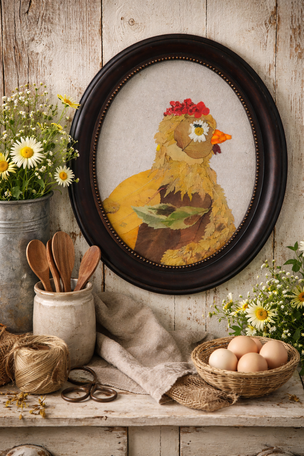 A framed artwork of a chicken made from autumn leaves and flowers on a rustic wall. Nearby, a metal pot with daisies, a beige jar with wooden spoons, a basket of eggs, and a bouquet of daisies are arranged on a wooden table.