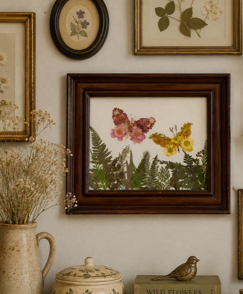 Pressed wildflower botanical artwork in antique frame
