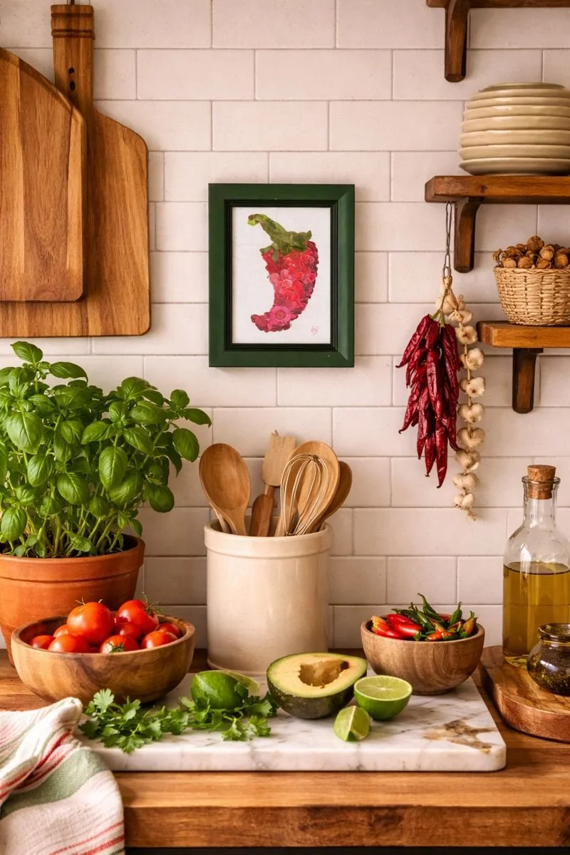 Kitchen countertop with fresh vegetables, herbs, and cooking utensils, with a framed artwork of a chili pepper on the wall.