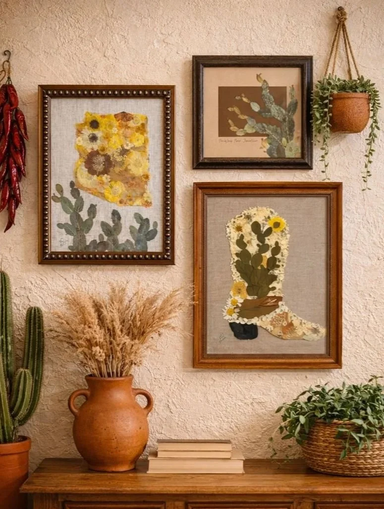 hand crafted original one of a kind pressed flower art by dede. cowgirl boot.
cactus. prickly pear.southwest art