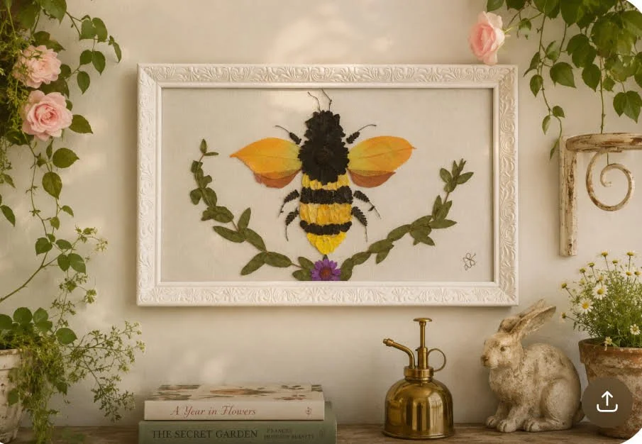 Winnie and her Garden – Original Pressed Flower Art | Botanical Bee Wall Art