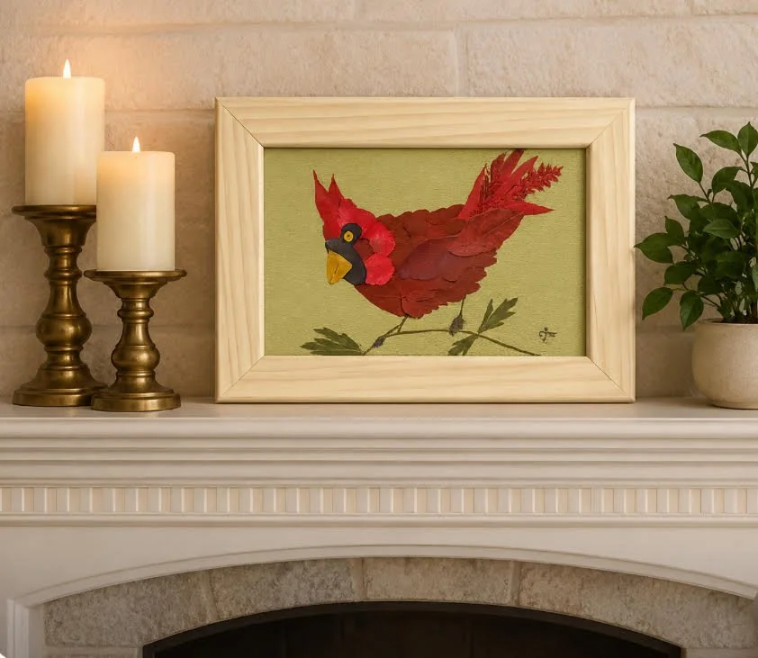 Pressed cardinal botanical composition created from real preserved flowers