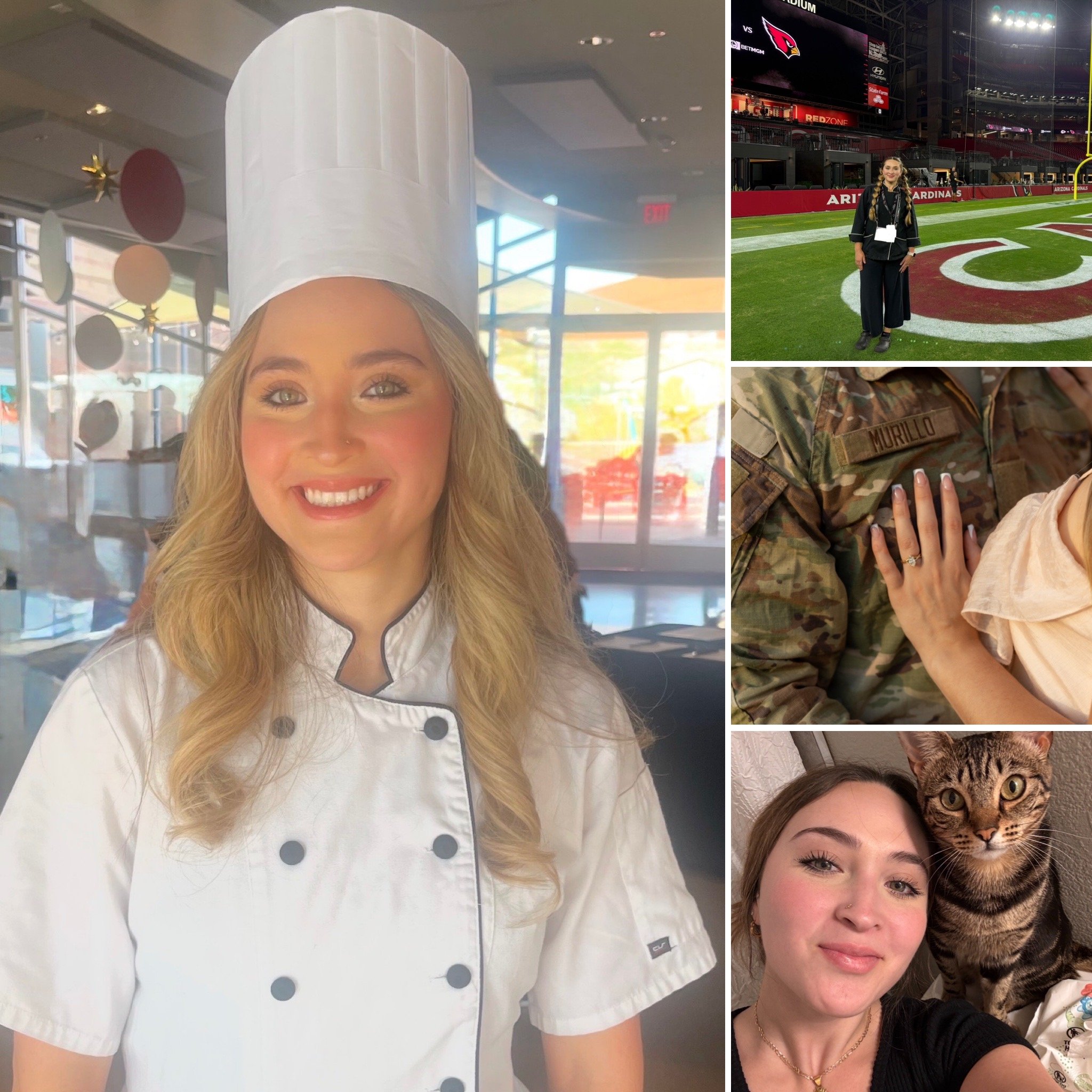 A collage of four images: a woman in a chef's uniform in a restaurant, a woman at a football stadium, a person in military camouflage with an arm around someone, and a woman taking a selfie with a cat.