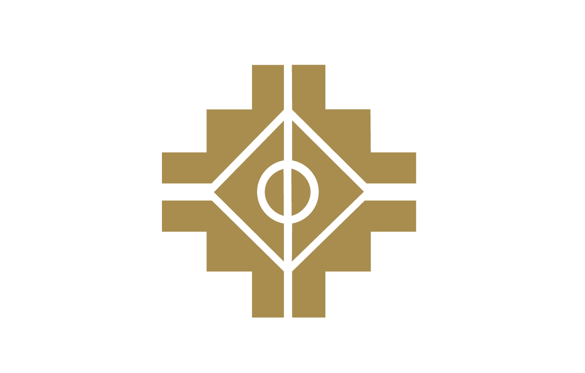 A geometric graphic design with a central circle, surrounded by a black diamond shape, and enclosed within a larger gold gear-like shape.
