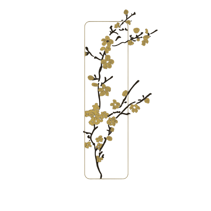 Decorative door with floral branch design, featuring yellow flowers and dark branches against a dark background.