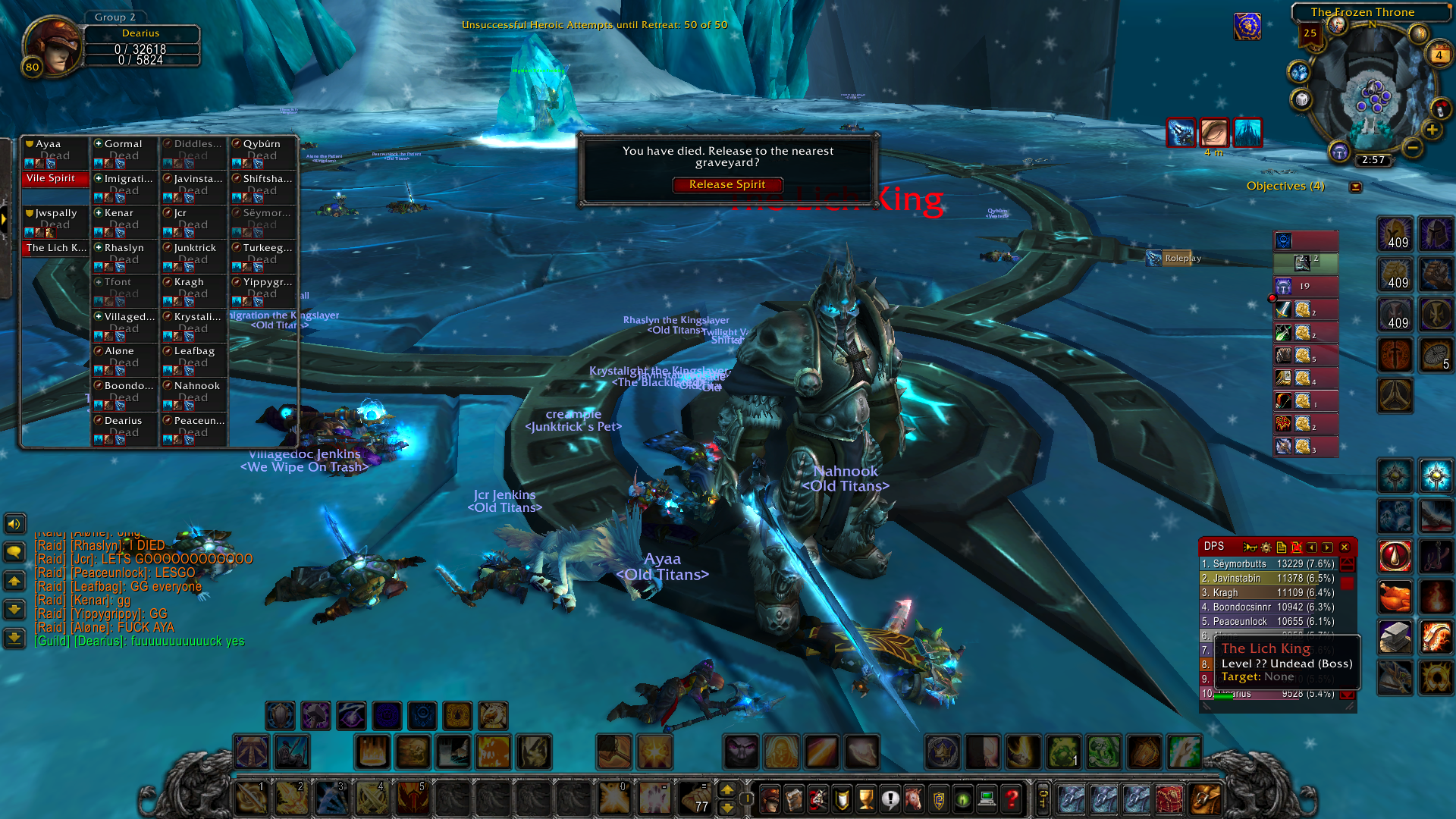 My guild in World of Warcraft downing the Lich King final boss for the first time.