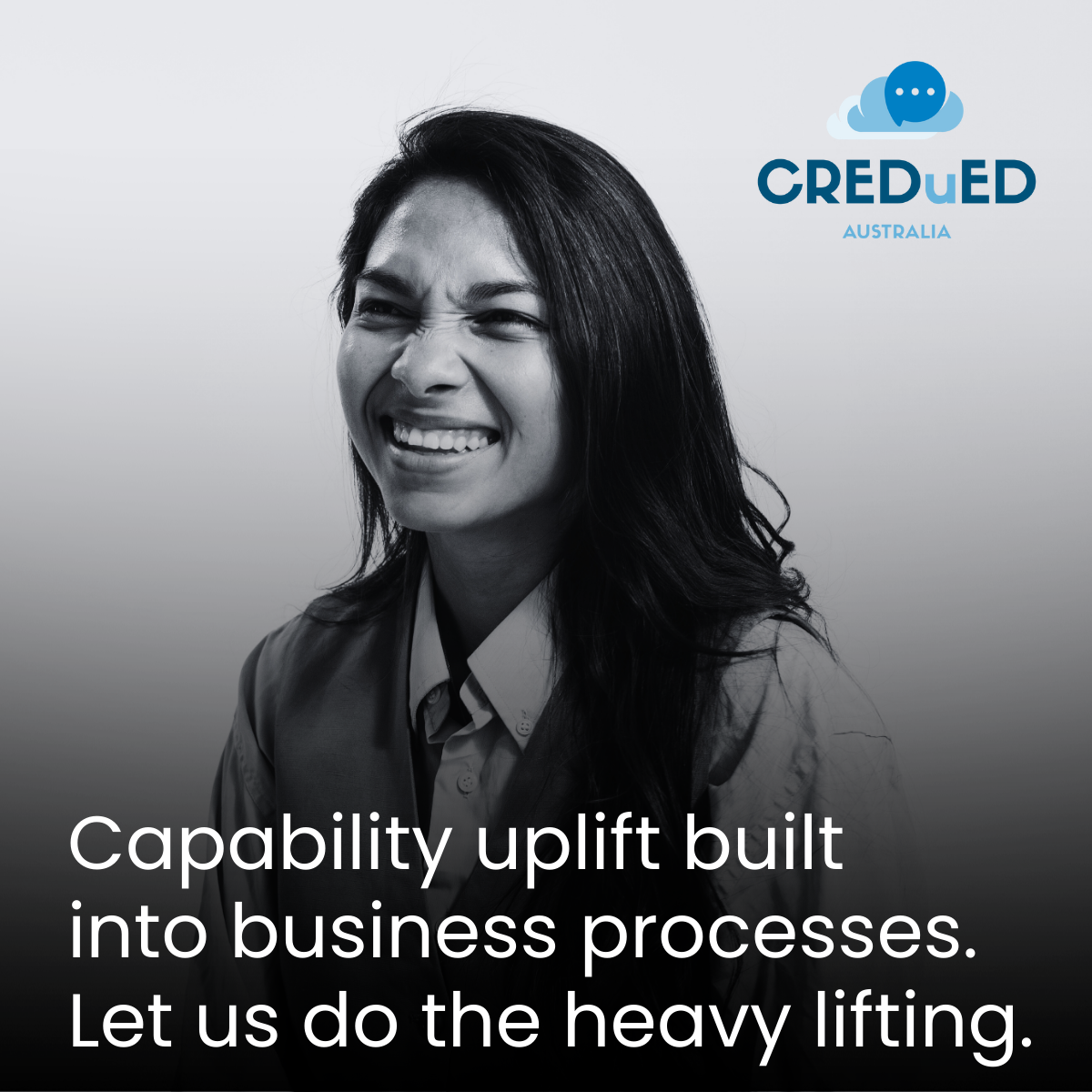 Black and white photo of a smiling woman with dark hair, with text overlay mentioning capabilities in business processes and a logo with cloud and speech bubble icons in the top right corner.