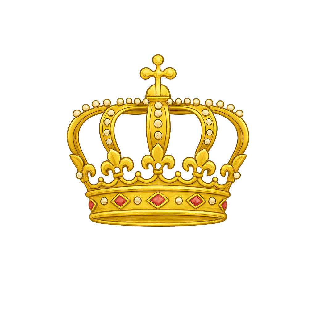 A golden royal crown with red jewels and decorative details.