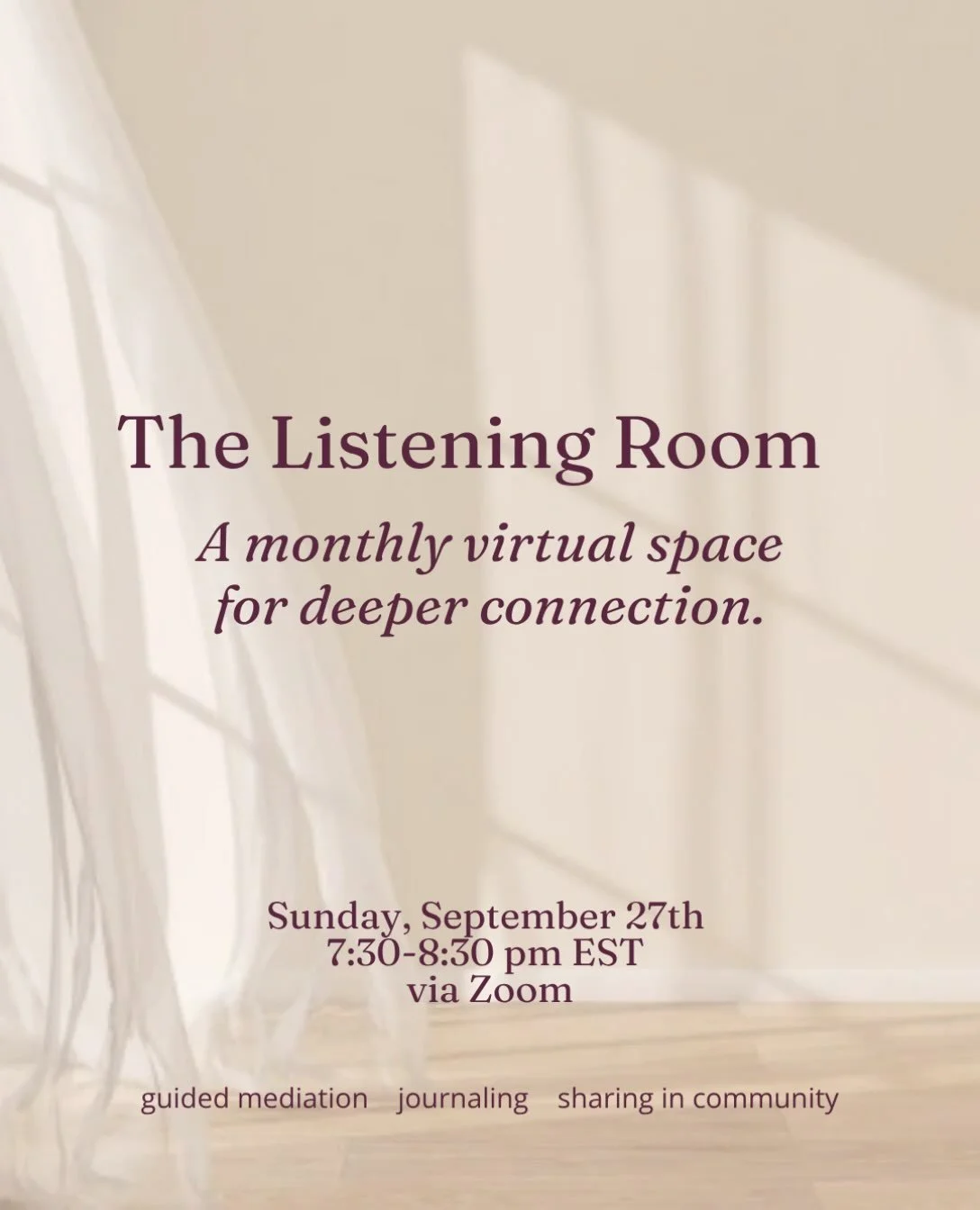 I&rsquo;m holding a little bit of space this Sunday night in a virtual offering called The Listening Room.

You&rsquo;ll be guided inward through meditation and journaling prompts, with optional space afterward to share what you&rsquo;re noticing and