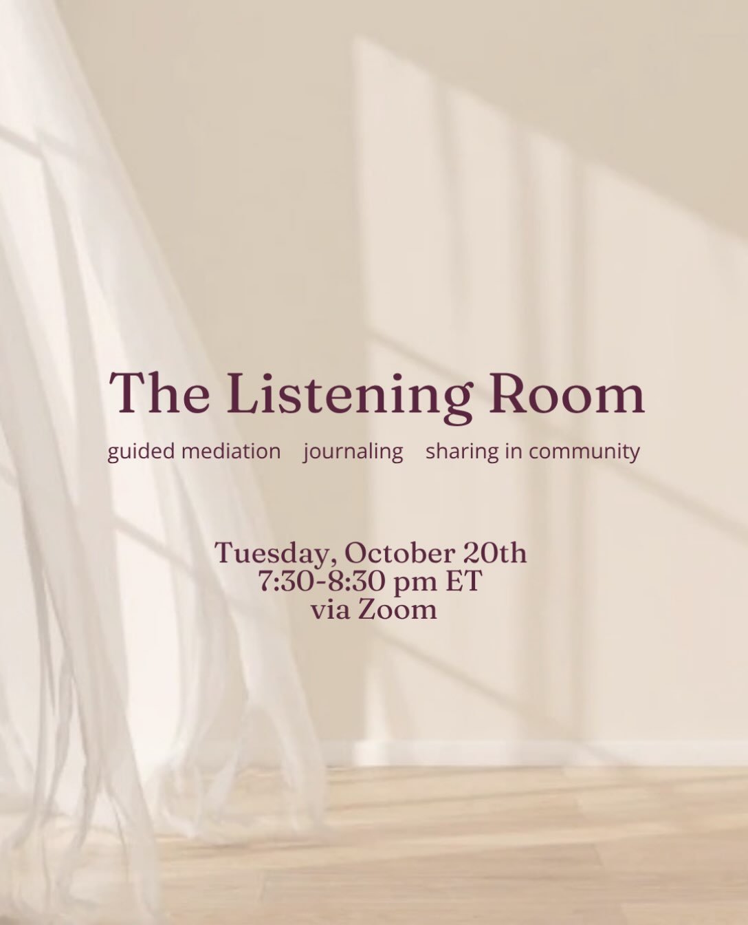 The Listening Room has become such a sweet and powerful space for reconnecting with ourselves. If you&rsquo;d like a little room to listen inward, it&rsquo;s here for you.

Details:
The Listening Room
Tuesday, October 20th
7:30&ndash;8:30 p.m. ET
Via