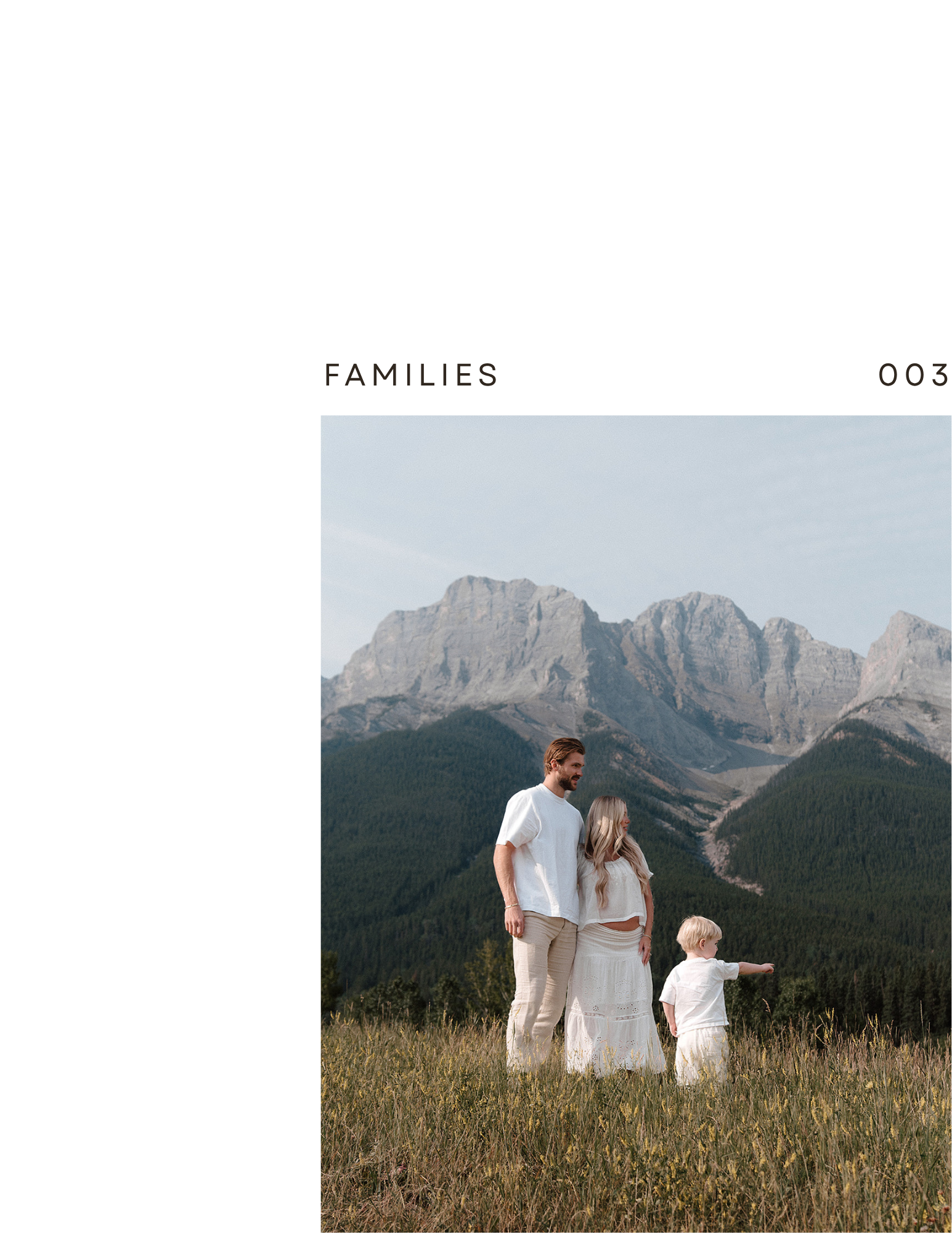 A family of four, two adults and two children, standing in a grassy field with mountains in the background during daytime.