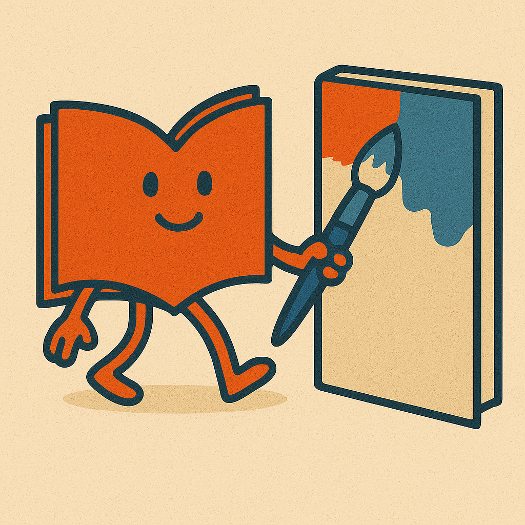 A cartoon book character with a smiley face and arms and legs, holding a paintbrush and painting on a blank vertical canvas.