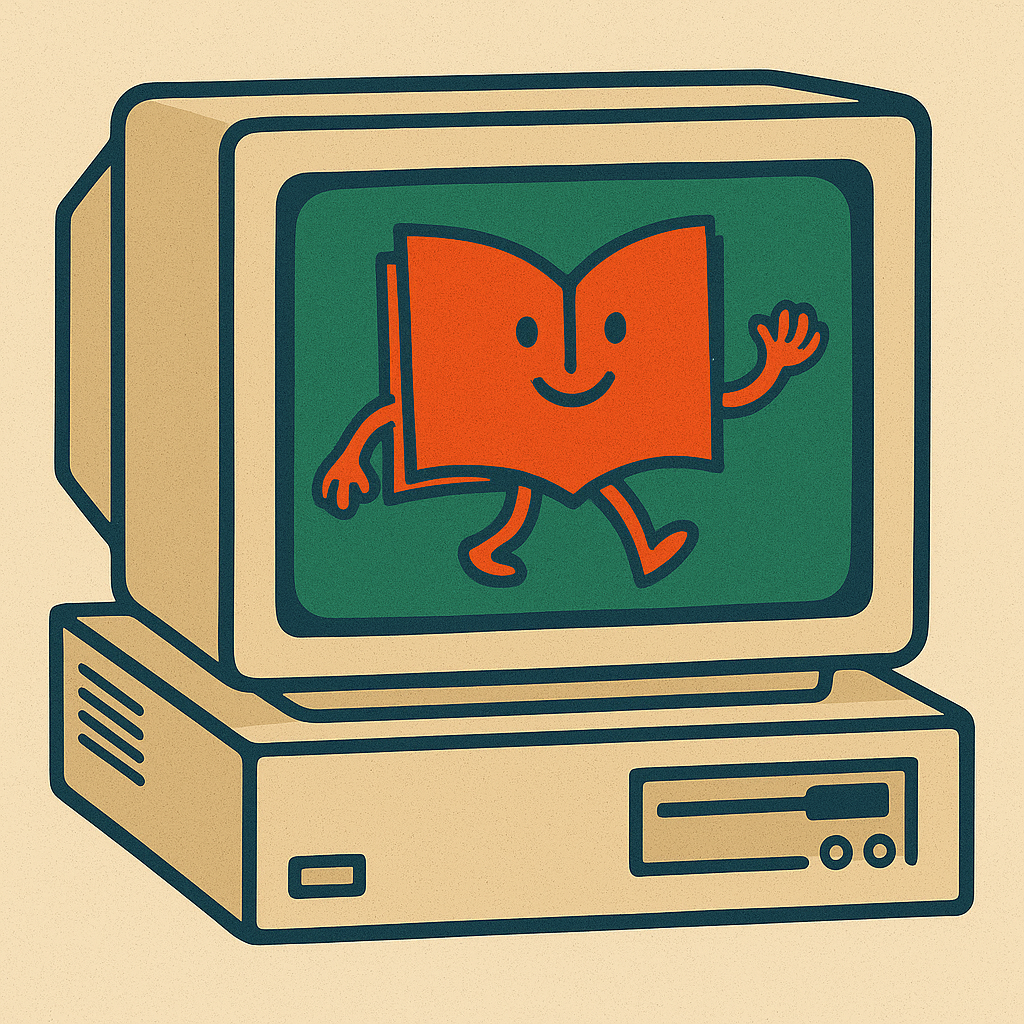 A cartoon computer monitor with a smiling animated book character waving.