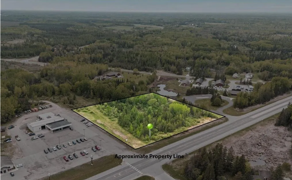 Aerial view of a plot of land outlined in black with dense green trees, located next to a road. Surrounding the land are a parking lot, a commercial building, and residential homes with forested and open areas in the background.