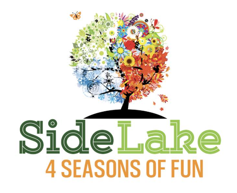 A colorful graphic of a tree with leaves and flowers representing the four seasons, with the text 'sideLake' beneath it and the tagline '4 Seasons of Fun'.