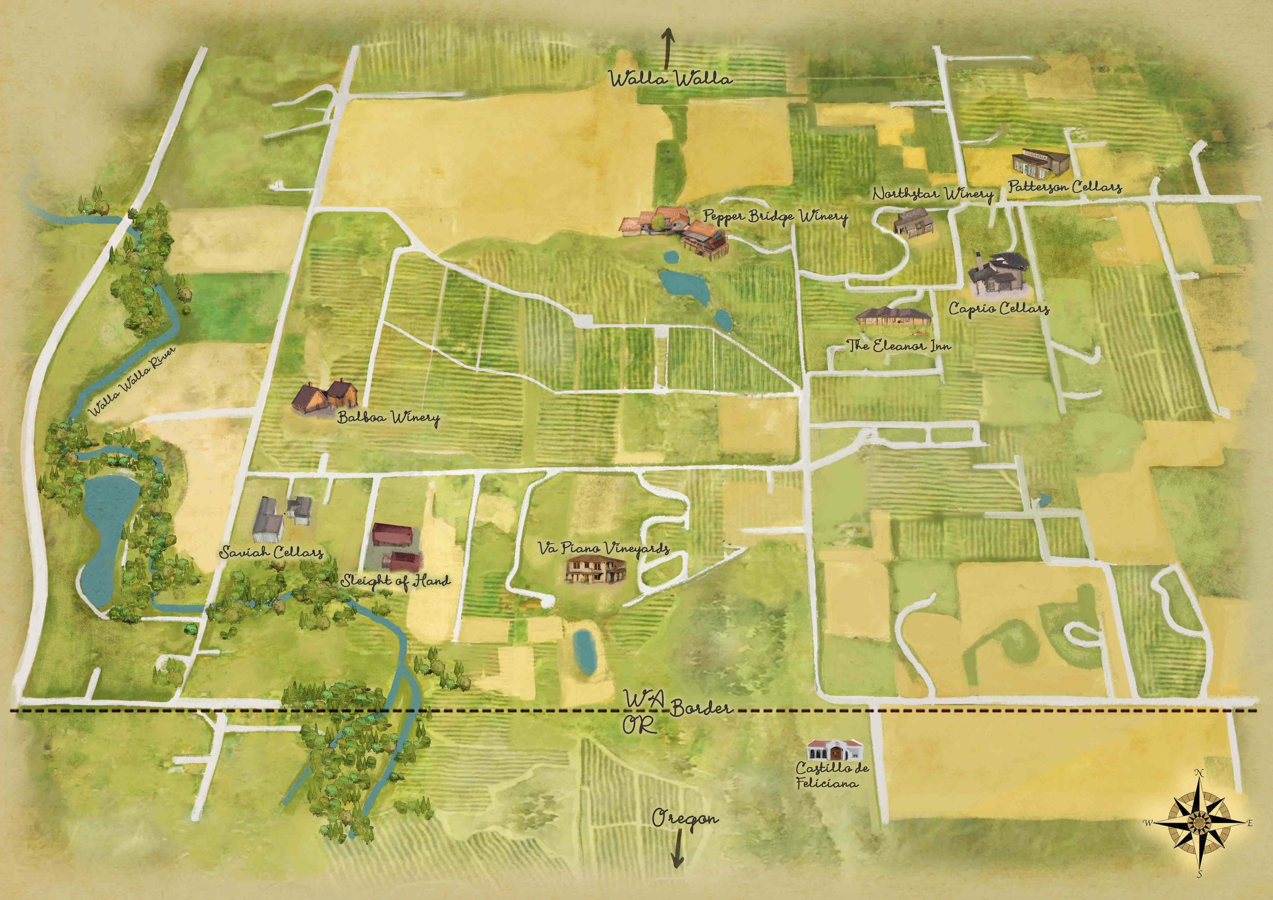 A illustrated map of a wine country area showing vineyards, wineries, wineries, and local landmarks with a compass rose at the bottom right.