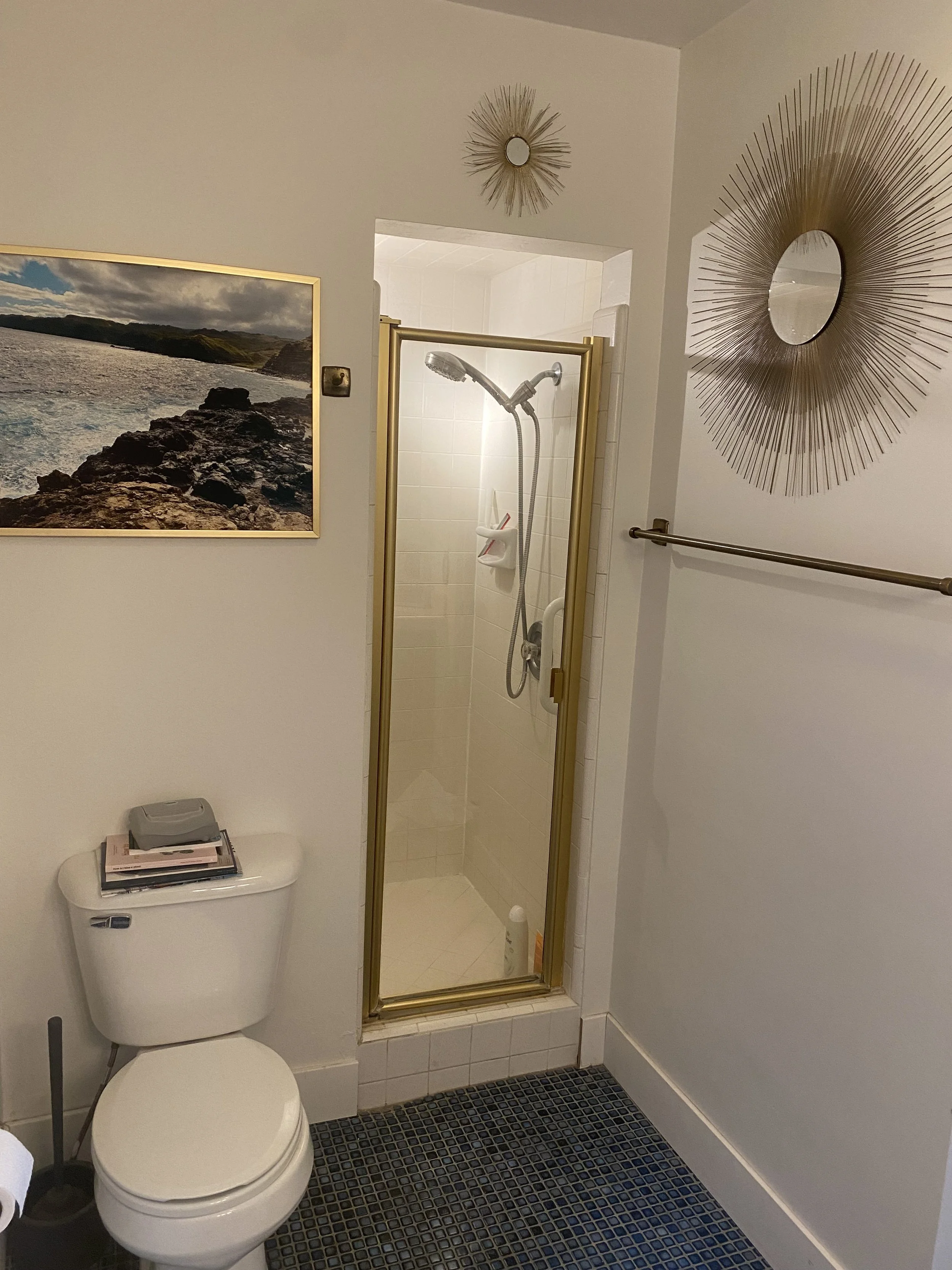 Bathroom with a toilet, a shower with a glass door, wall decorations including a framed landscape photo and two sunburst mirrors, a towel bar, and a small stack of books or papers on the toilet tank.