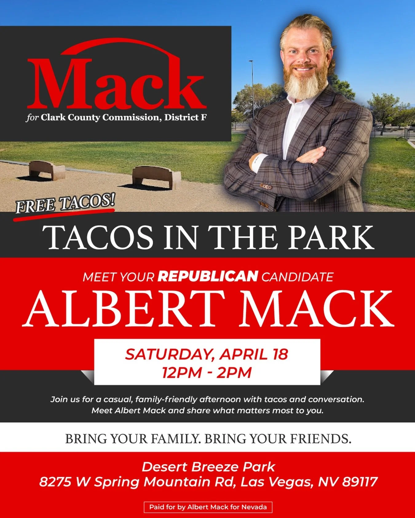 Tacos in the Park 🌮🌳

Join me Saturday, April 18 from 12&ndash;2PM to connect, have real conversations, and talk about what matters most to our community. No speeches&hellip;just tacos, good people, and open dialogue.

Hope to see you there!

#Vote