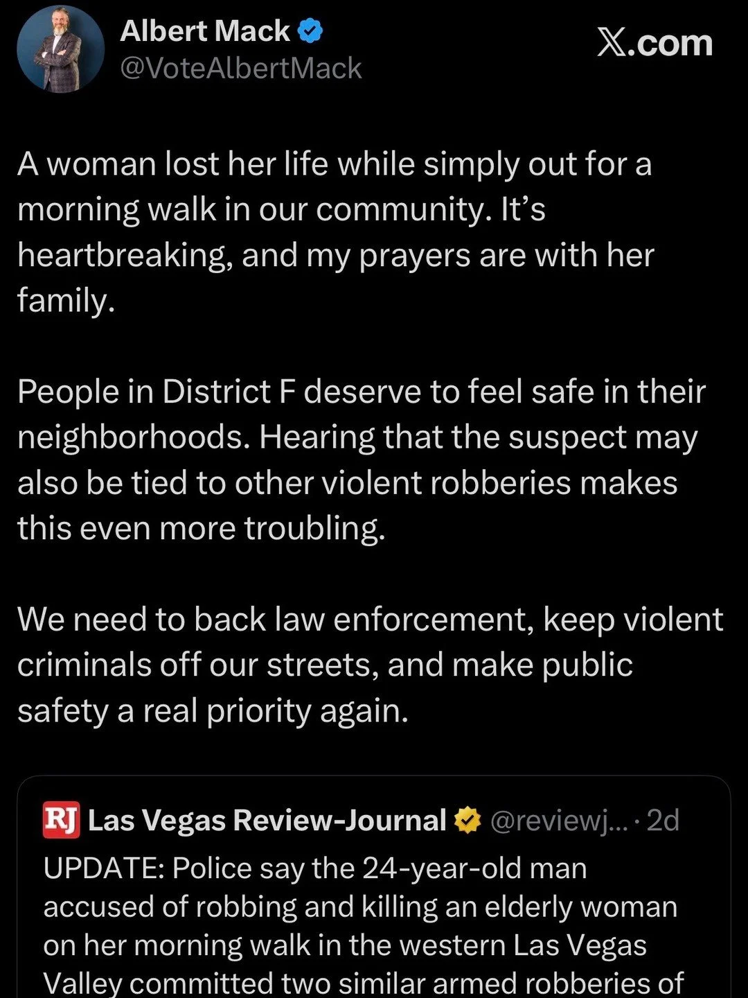This tragedy has shaken our community.
Keeping violent criminals off our streets and supporting law enforcement must remain a priority for Clark County.

#PublicSafety #ClarkCounty #LasVegas #SupportLawEnforcement