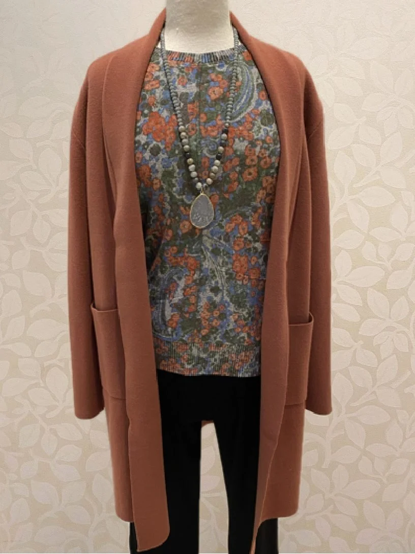 Lapel Coatigan with Pockets from Papillon in spice over the Super Soft Fleece Boxy Crew from Habitat in fern. Coatigan also available in black, brown and oatmeal.