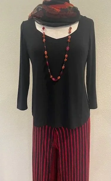 Blue Sky Ritzy 3/4 Sleeve Top with the Red Striped Evergreen Rayon Trousers, America Corner scarf and necklace by Sun Sales