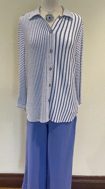 Habitat Stripes Next in Line Shirt in Iris with the Tribal Flare Pant with Smocking in Baja Blue. and a necklace by Rain.