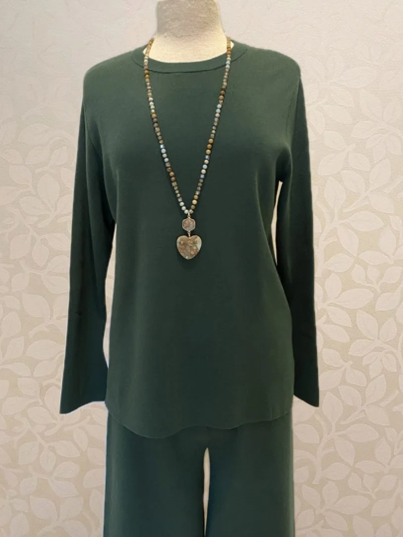 Sophie Sweater and Baily Pant in forest from Blue Sky, also available in chocolate.