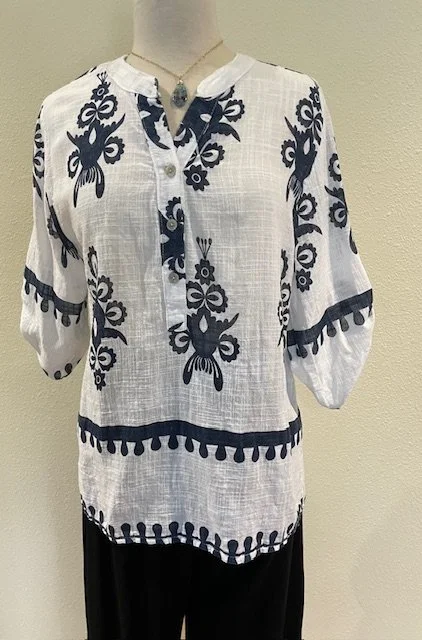 Papillon Boho Henley Top in white