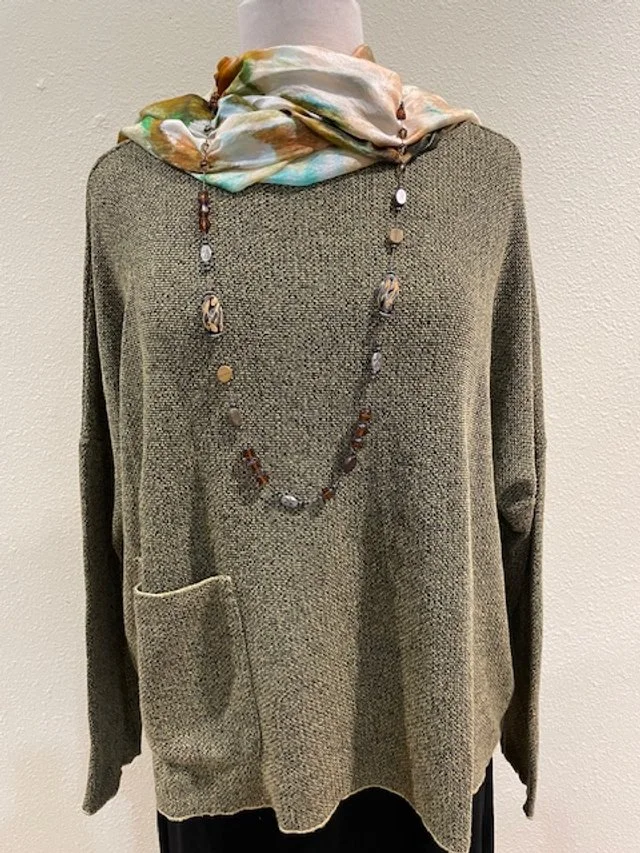 Cutloose Pocket Pullover shown in mustard is also available in cola and succulent. One size.