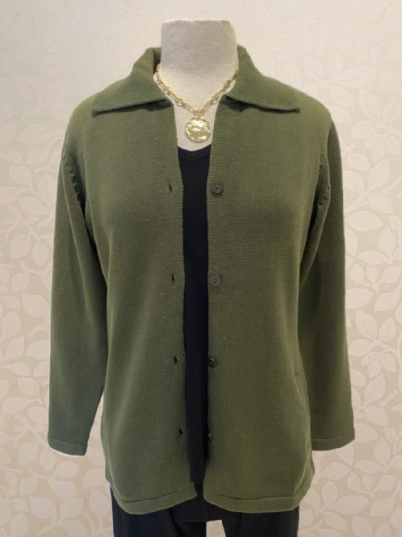 Lily Cardigan from Blue Sky in khaki, also available in navy and burgundy.