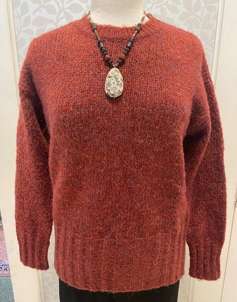 Marl Knit Sweater with Rib Trim from Papillon in burgundy, also available in brown.