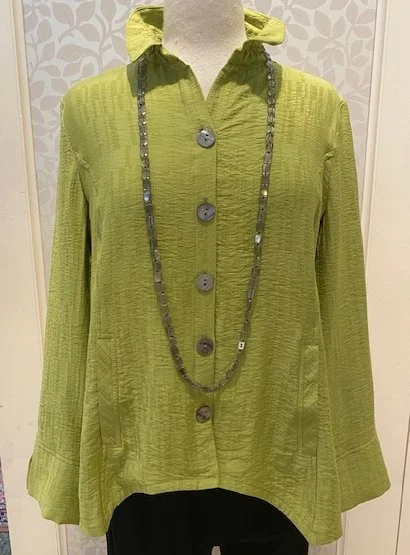 Rayon Jacquard Ruched Collar Shirt in sprout from Habitat. Also available in navy and black with matching pants.