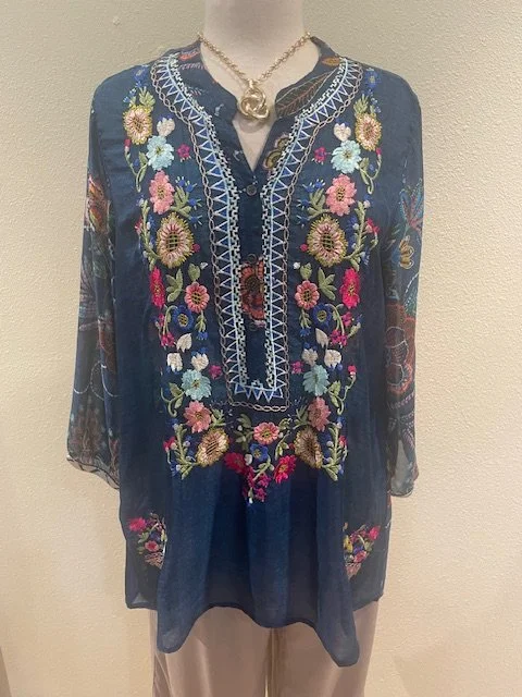 All About Her Rayon Cupro Embroidered Blouse in blue with a necklace from Rain