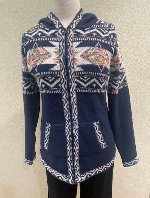 Here is the cozy Papillon Fairisle Knit Hooded Jacket in navy.