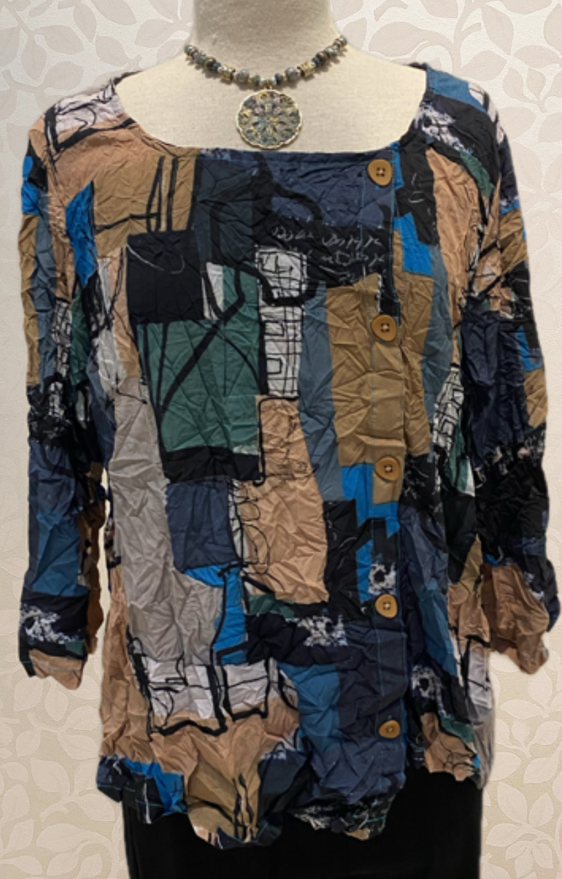 Woven Printed Button Detail Top from Shana in khaki.