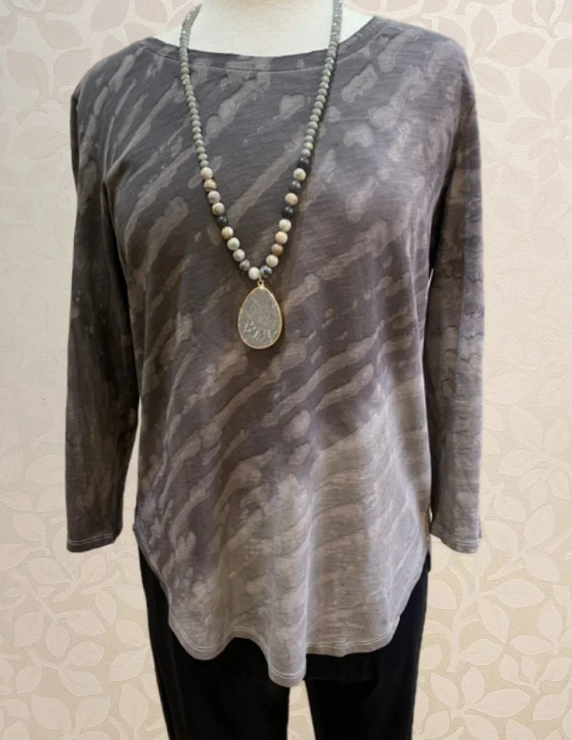 Mystic Dyed High Lo Tee from Escape shown in volcano, also available in harbor.