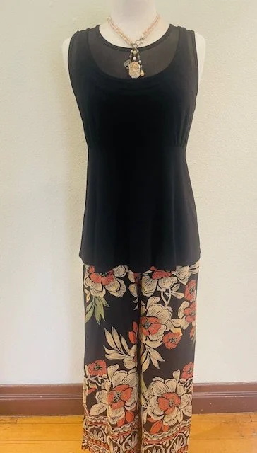 Blue Sky Rhine Tank with the Angie Floral Pant and a necklace from Two Old Bags