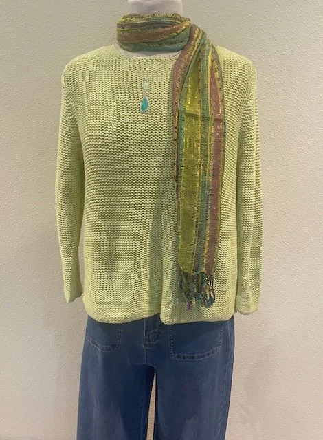 Habitat Shoreside Pullover with the Habitat Refreshed Crop Jean accented with an Anu scarf and necklace from Rain