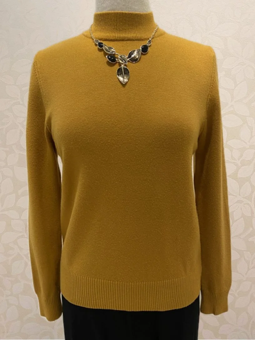 Essential Mock Neck Sweater from Papillon in mustard, also available in burgundy, grey, navy and chocolate.