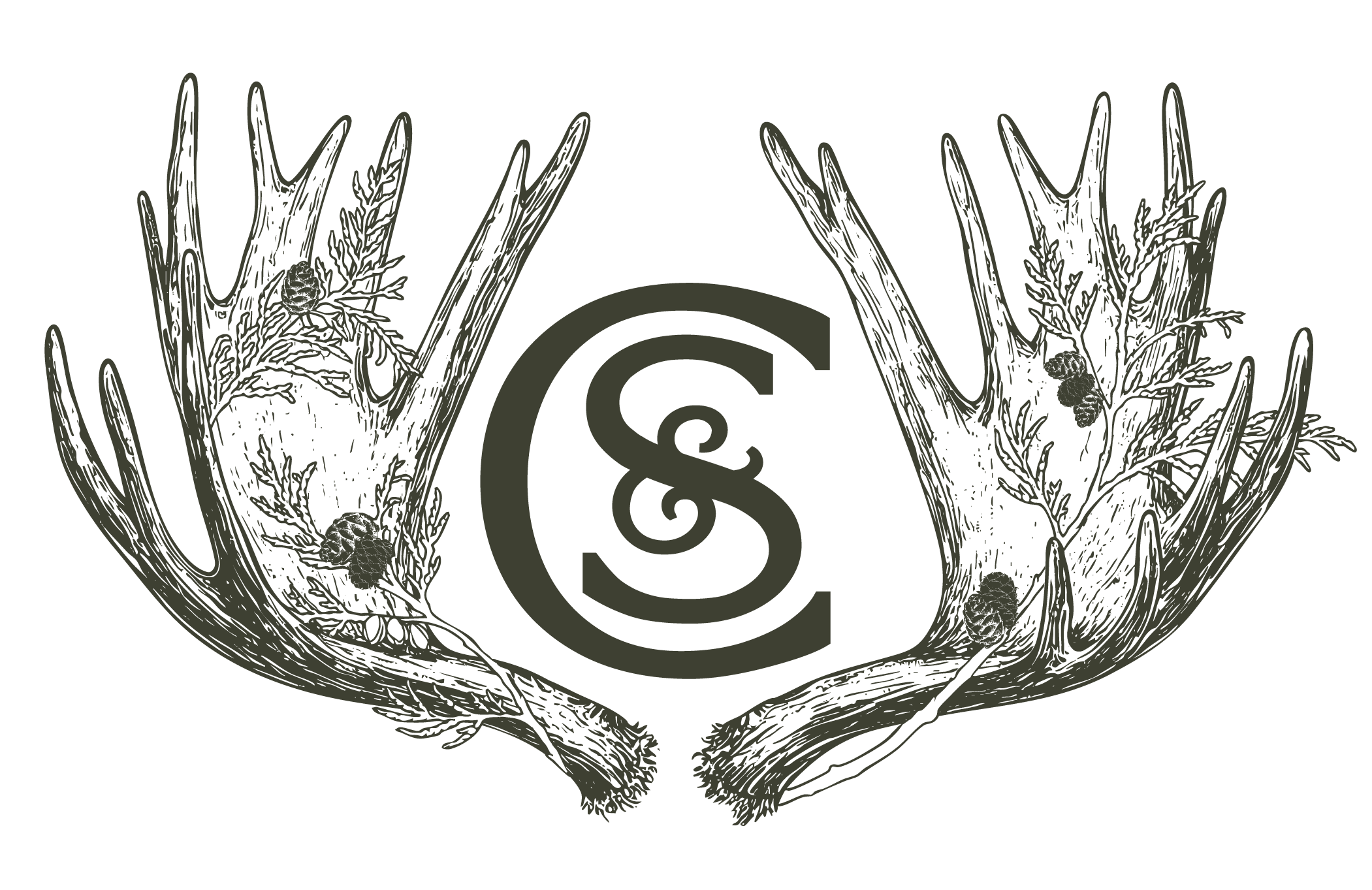 Illustrated logo of two moose antlers with pinecones and cedar branches, surrounding a circle with a stylized monogram for Cedar & Salt