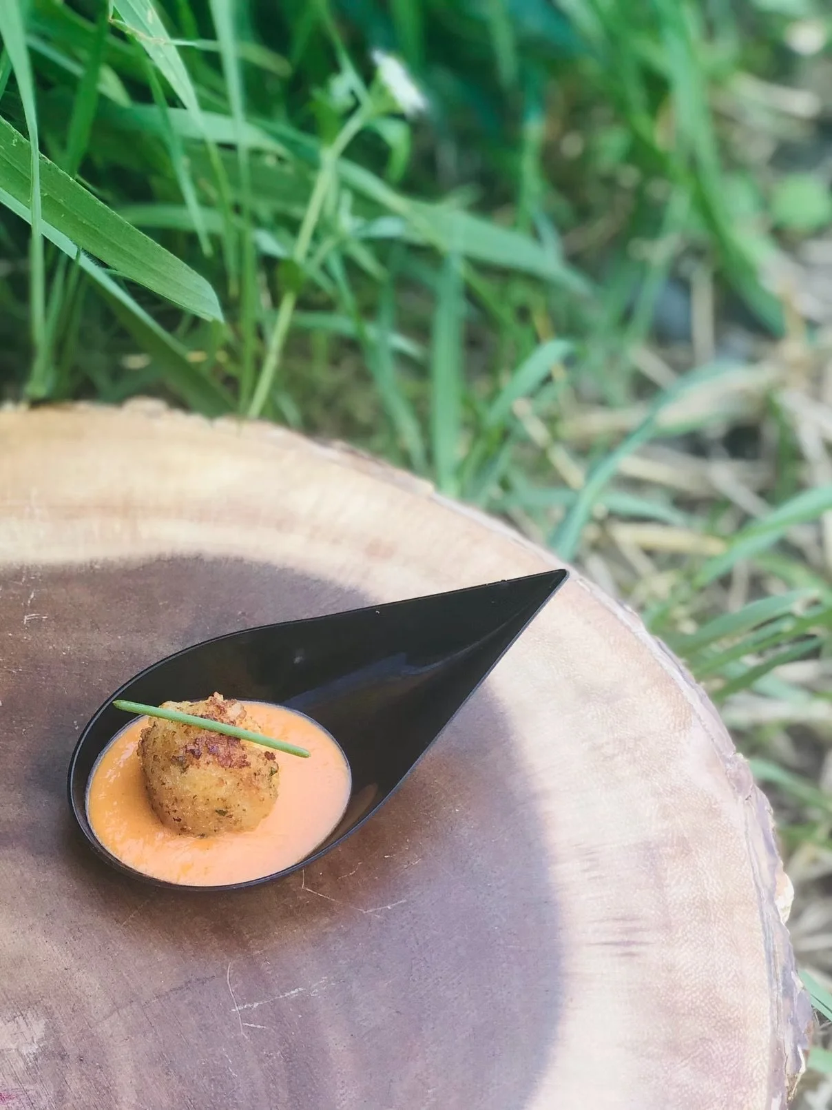 Fried ball served in a black spoon with creamy orange-colored sauce, garnished with a small green herb, placed on a tree stump outdoors with green grass in the background.