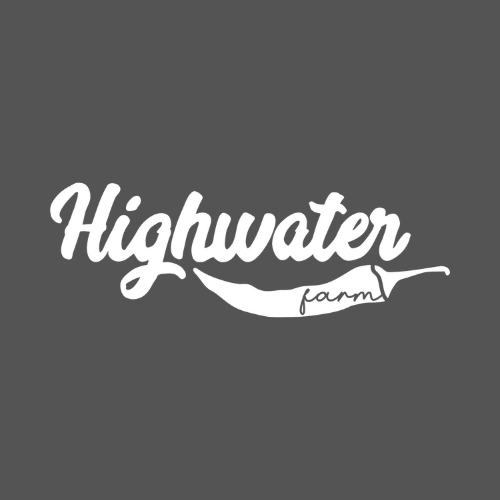 Logo for Highwater Farm with stylized text and pepper outline