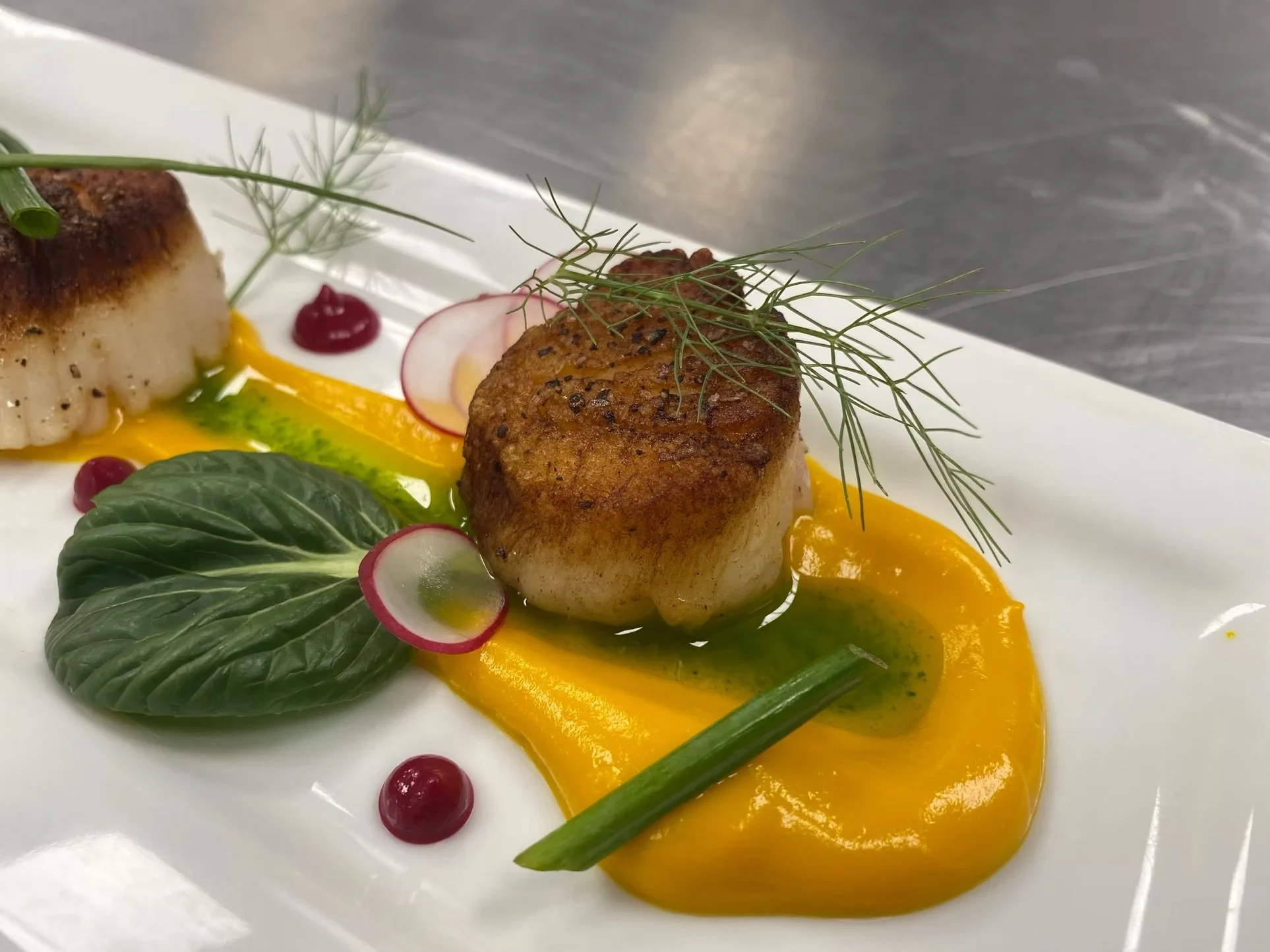 Seared scallops with vegetable puree, radish slices, fresh herbs, and garnishes on a white plate.
