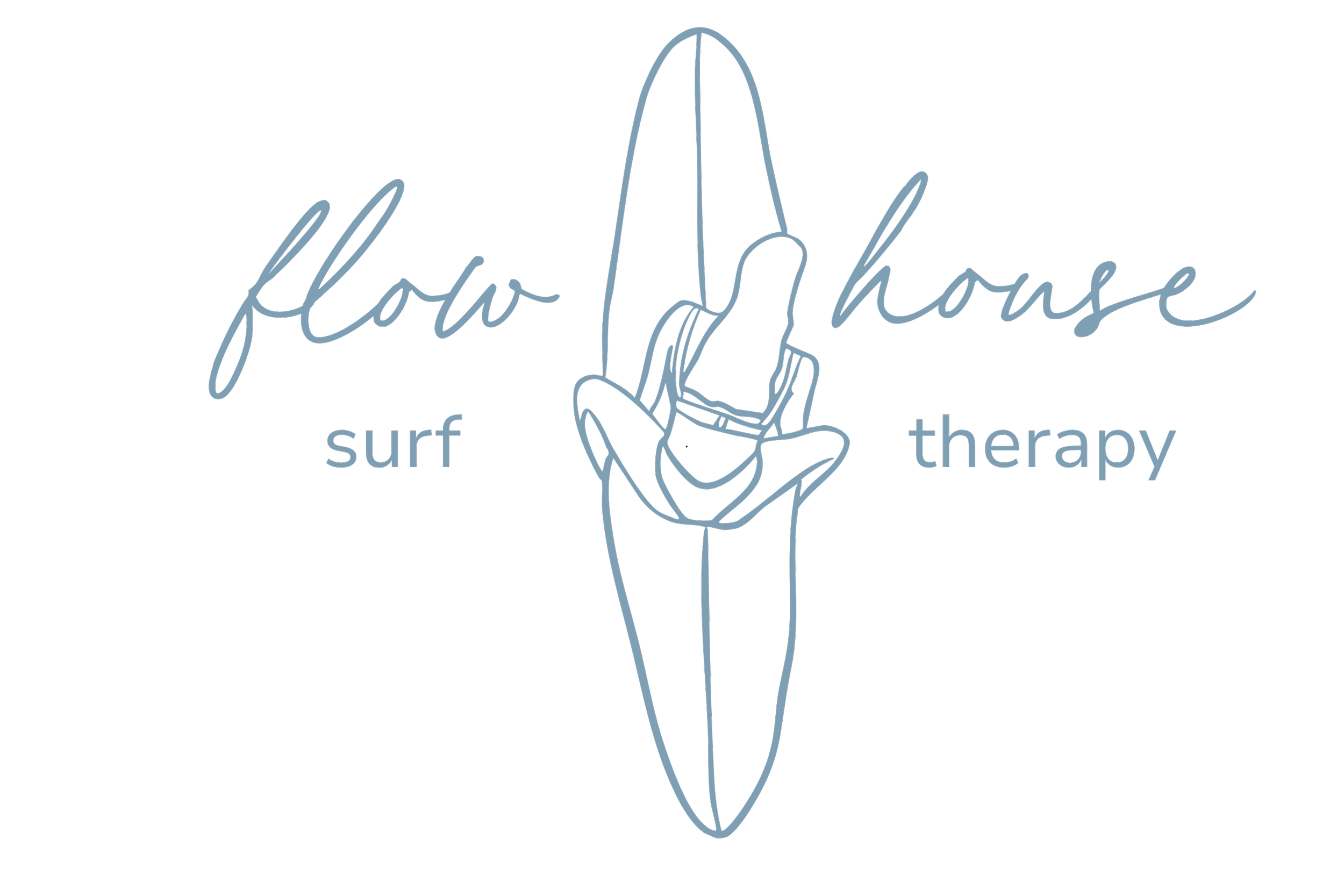 Neon sign with a hand making the shaka sign, text says 'flow', 'surf', and 'therapy'