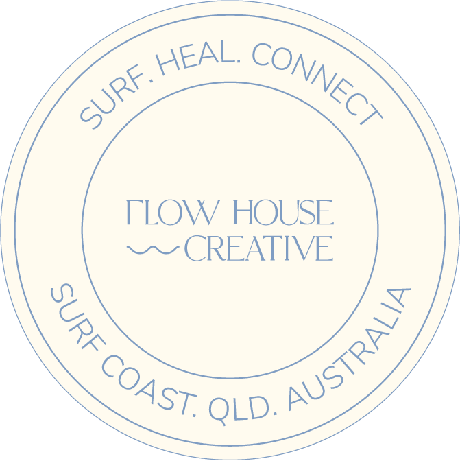Circular logo with the words "SURF. HEAL. CONNECT" around the outer edge. In the center, it says "FLOW HOUSE CREATIVE" with a wavy line beneath. Additional text around the edge reads "SURF COAST. QLD. AUSTRALIA."