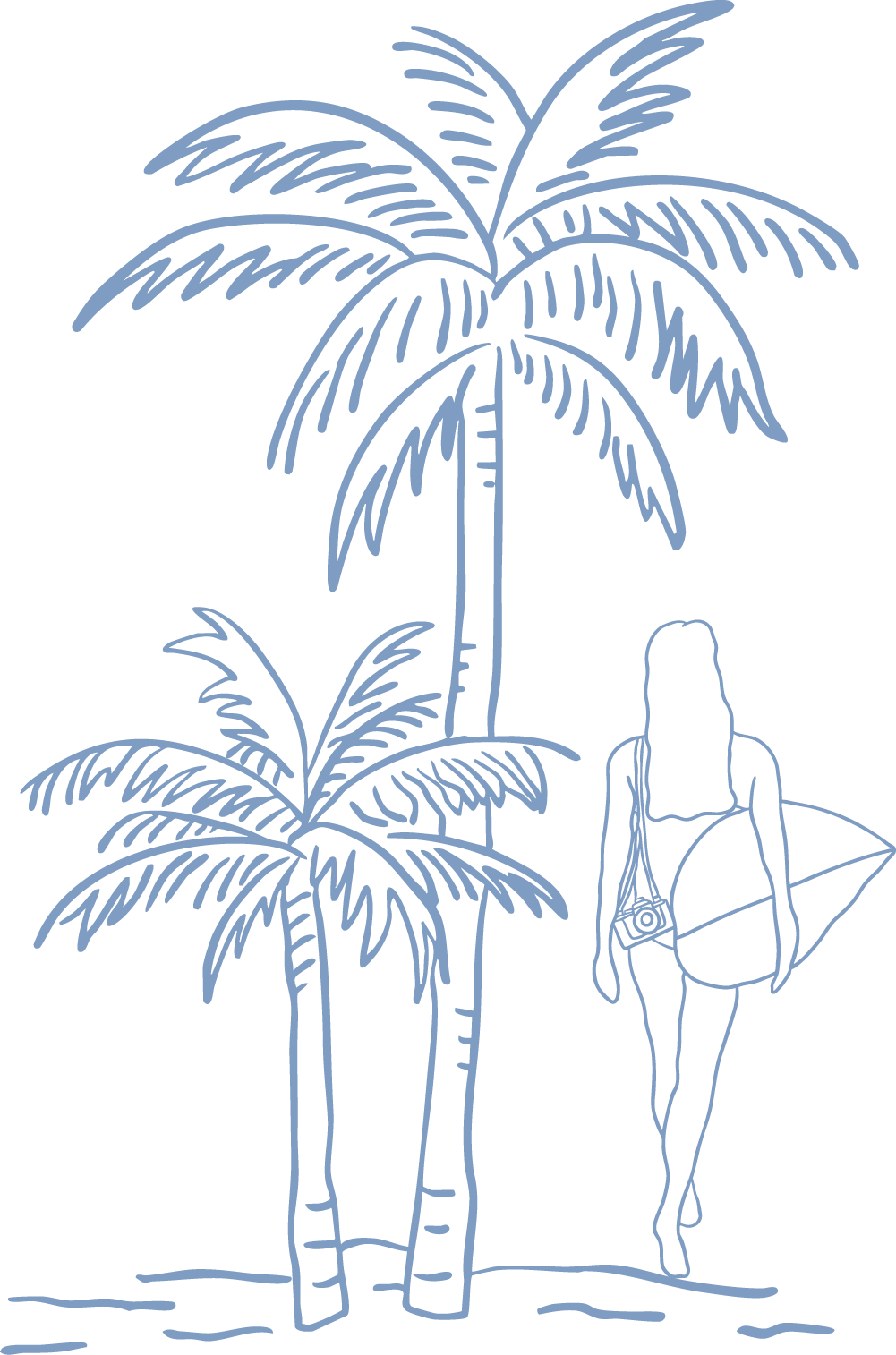 Line drawing of two palm trees on a beach with a woman in a swimsuit holding a surfboard and a camera, standing on the sand.