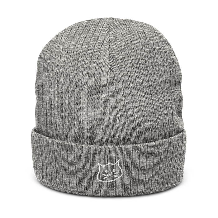 Gray knit beanie with a small embroidered cat face logo on the folded cuff.