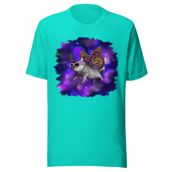 space cat butterfly shirt teal