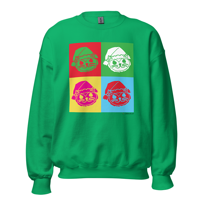 Green sweatshirt featuring a pop art style print of four colorful squares, each with a stylized cat wearing a Santa hat in red, white, yellow, and blue.
